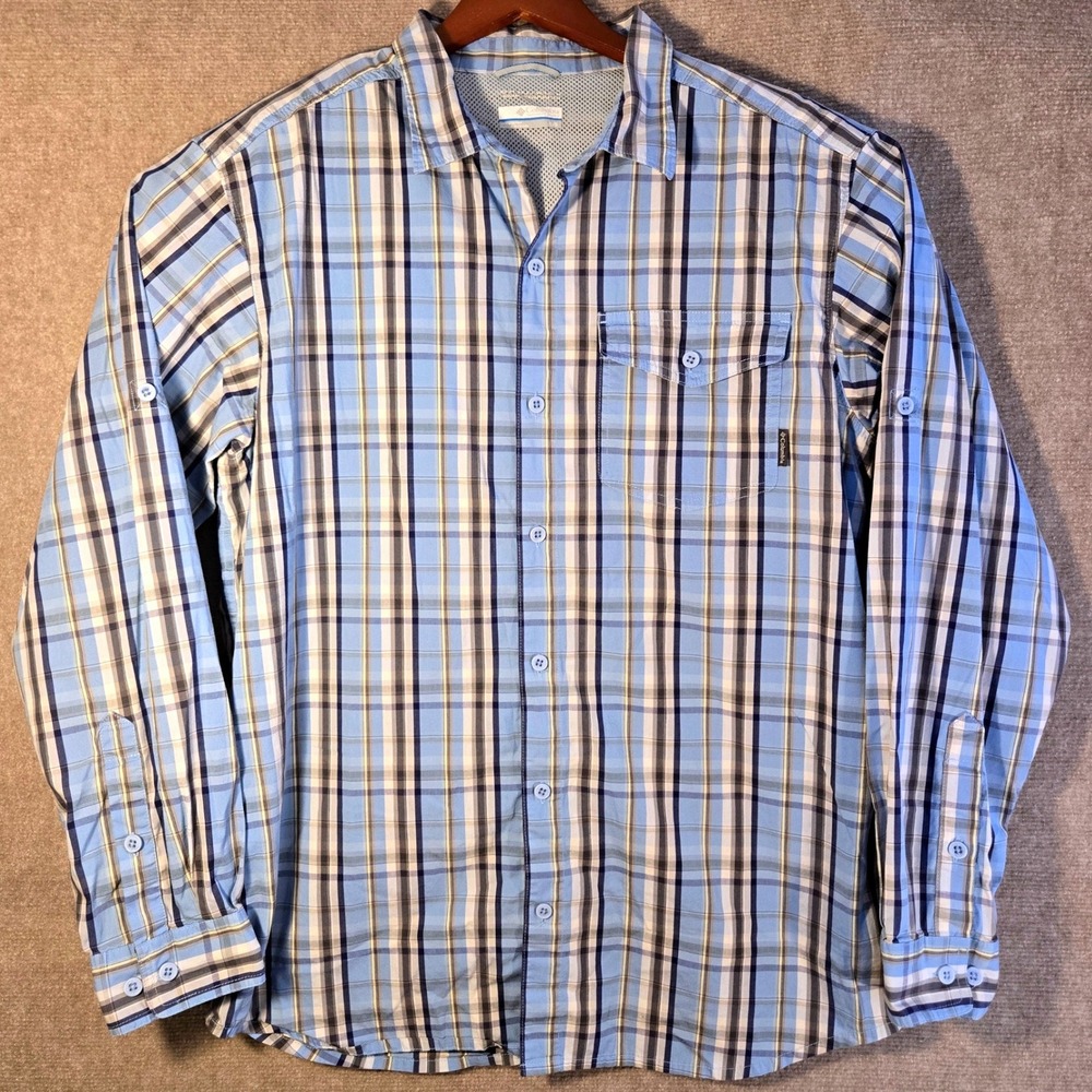 Columbia Omni-Wick Mens Large Blue Plaid Long Sleeve Button Up Hiking Shirt